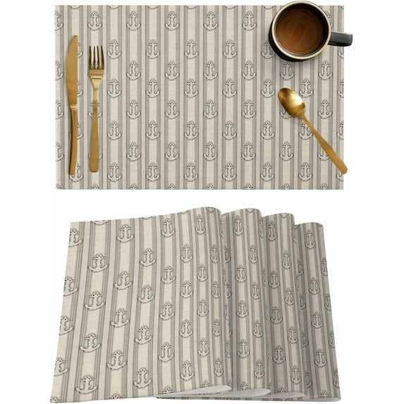 Coastal Nautical Anchor Placemats Set of 6,Washable Woven Burlap Cloth Fabric Placemat for Square/Rectangle/Round/Oval Dining Table,Easy Clean Place Mats for Toddlers,Kids Geometric Abstract Stripes