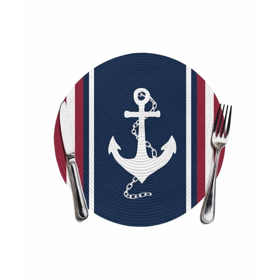 Coastal Nautical Anchor Round Table Placemats 1 pc, Vintage Red Blue Striped Washable Woven Place Mats for Dining Tables Kitchen Party Decor,Heat Proof, 13in,