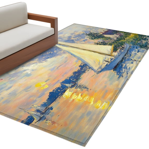 Coastal Nautical Area Rug 4x6 Washable Rug Non Slip Ocean Oil Painting Sailboat Sunset Large Area Rug Indoor Floor Carpet for Entryway Bedroom Kitchen Living Room Home Office Dining Room Nursery