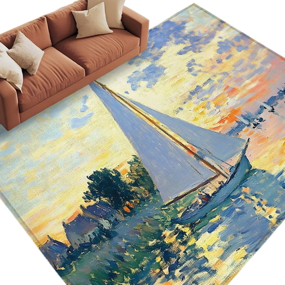 Coastal Nautical Area Rug 8x10 Washable Rug Non Slip Summer Ocean Oil Painting Sailboat Sunset Large Area Rug Soft Stainresistant Indoor Carpet for Living Room Bedroom Office Dining Room Nursery