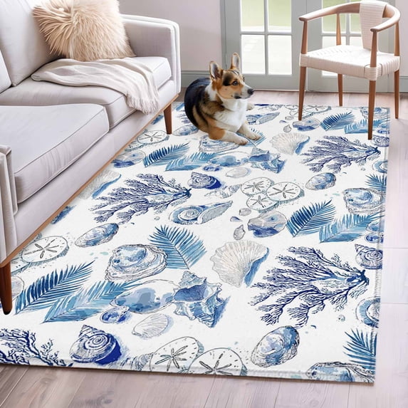 Coastal Nautical Area Rugs 3'x5', Washable Small Throw Rugs for Living Room Bedroom, Summer Ocean Beach Sea Corals Blue Indoor Outdoor Rug Non-Slip Low Pile Carpet Runner Reversible Floor Mats