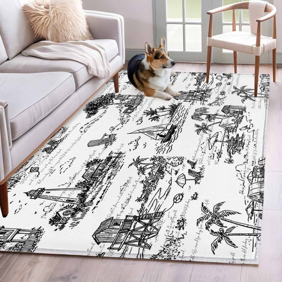 Coastal Nautical Area Rugs 3'x5', Washable Small Throw Rugs for Living Room Bedroom, Summer Ocean Sea Corals Palm Trees Indoor Outdoor Rug Non-Slip Low Pile Carpet Runner Reversible Floor Mats