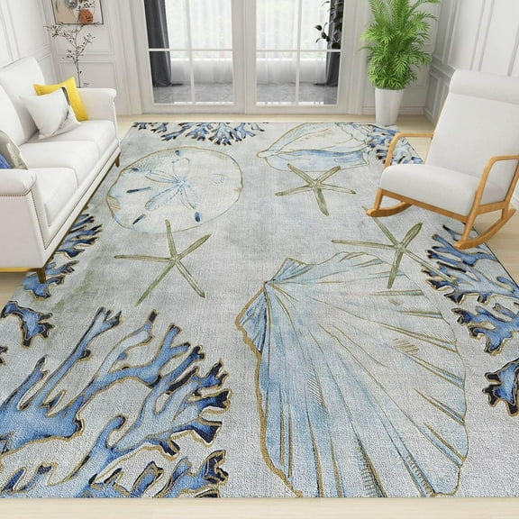 Coastal Nautical Area Rugs, Blue/Beige Ocean Themed Rugs Shell Coral Starfish Contemporary Floor Carpet, Soft Non-Shedding For Kids Living Room Bedroom Decor 5'3" x 6'7"