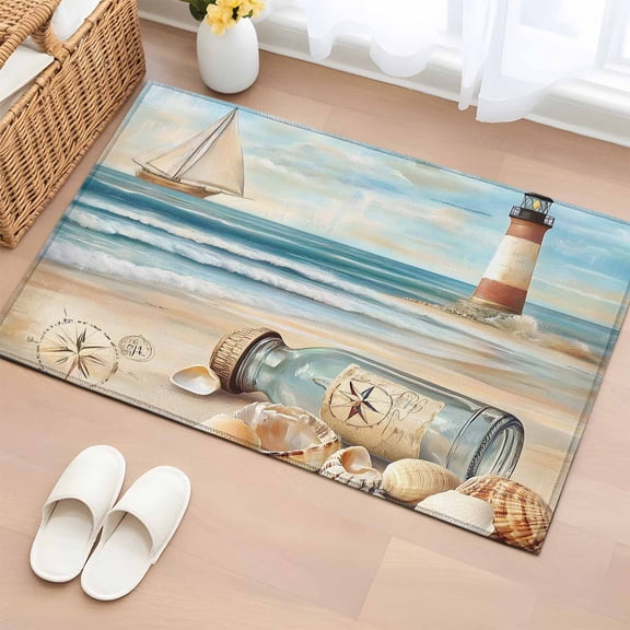 Coastal Nautical Bathroom Rug Washable 2x3 Entryway Rug Non Slip Summer Ocean Beach Wave Compass Front Door Mat Low Pile Indoor Doormat Throw Floor Carpet for Kitchen Bedroom Entrance