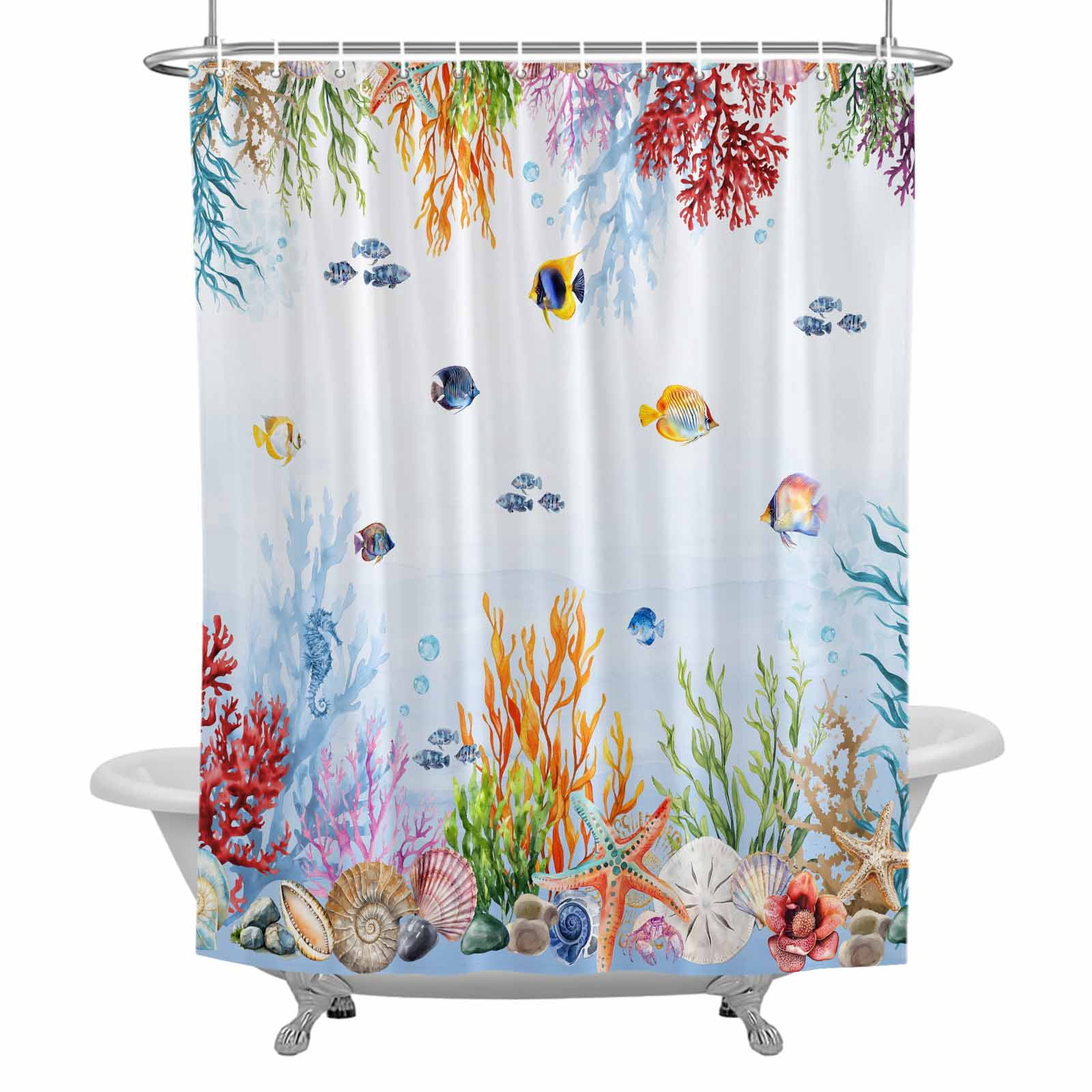 Coastal Nautical Bathroom Shower Curtain, Fish Coral Conch Starfish ...