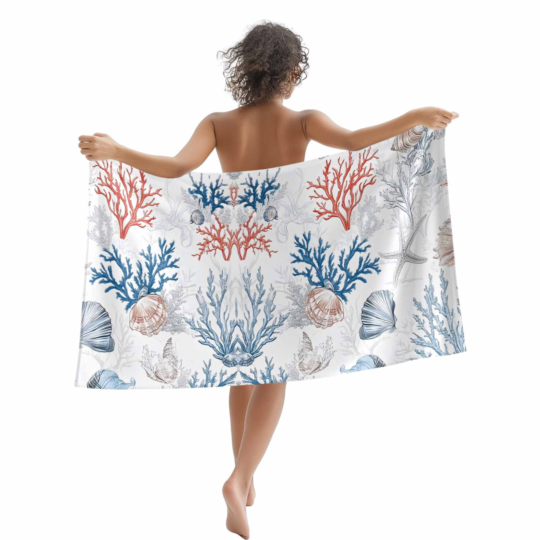 Coastal Nautical Beach Towels Blanket Soft&Absorbent Quick Dry Microfiber Ocean Coral Shell Pattern Pool Towels for Swimming ,Yoga, Sports, Gym, Camping,Large 35X70in, Blue Aqua