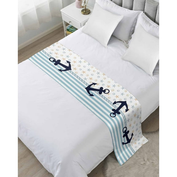 Coastal Nautical Bed Runner for King Size Bed, Blue Striped Starfish Shell Beach Bedspread Protector Slipcover Bed Scarf for Foot Bed Runners & Scarves for Bedroom Hotel Wedding Room 102x20 Inches