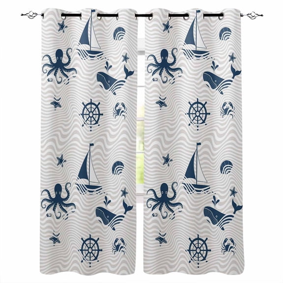 Coastal Nautical Black Out Curtains 54 Inch Long, Short Curtains for Small Window, Summer Ocean Octopus Starfish Grey Wave Room Darkening Window Curtains for Kitchen Bedroom 42"x54" 2 Panels