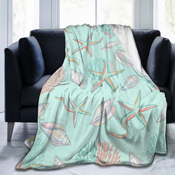 Coastal Nautical Blanket Coral Starfish Seashell Throw Blanket, Soft Lightweight Flannel Throw Blanket for Room Decor, Cozy Blanket for Couch, Bed, Sofa, Home Gift 50x40