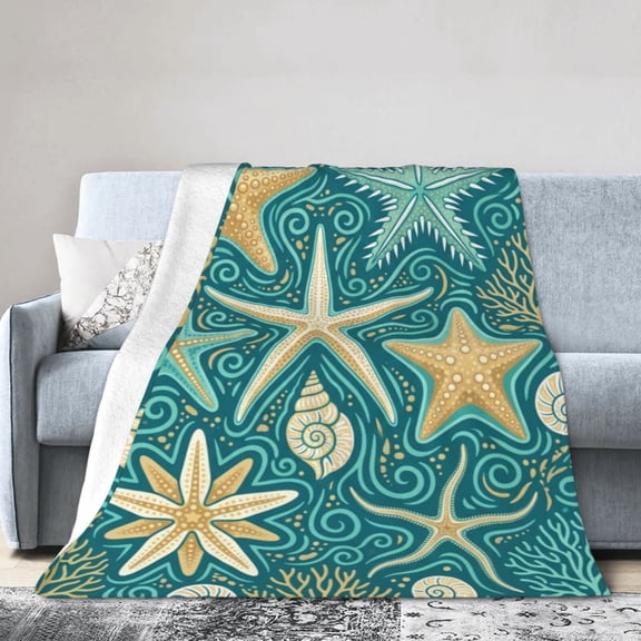 Coastal Nautical Blanket Coral Starfish Seashell Throw Blanket, Soft Lightweight Flannel Throw Blanket for Room Decor, Cozy Blanket for Couch, Bed, Sofa, Home Gift 50x40