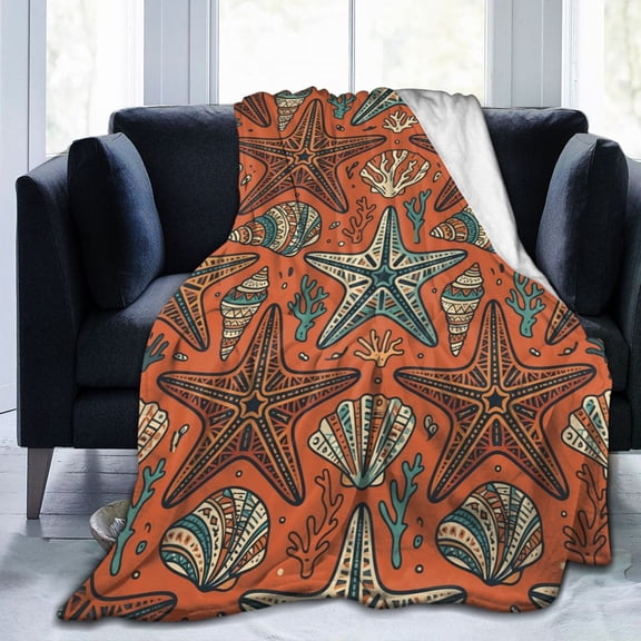 Coastal Nautical Blanket Coral Starfish Seashell Throw Blanket, Soft Lightweight Flannel Throw Blanket for Room Decor, Cozy Blanket for Couch, Bed, Sofa, Home Gift 50x40