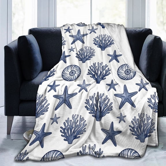 Coastal Nautical Blanket Coral Starfish Seashell Throw Blanket, Soft Lightweight Flannel Throw Blanket for Room Decor, Cozy Blanket for Couch, Bed, Sofa, Home Gift 50x40
