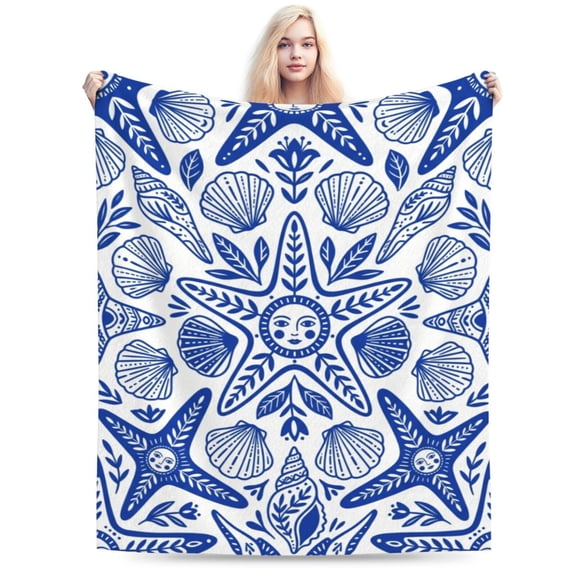 Coastal Nautical Blanket Coral Starfish Seashell Throw Blanket, Soft Lightweight Flannel Throw Blanket for Room Decor, Cozy Blanket for Couch, Bed, Sofa, Home Gift 50x40