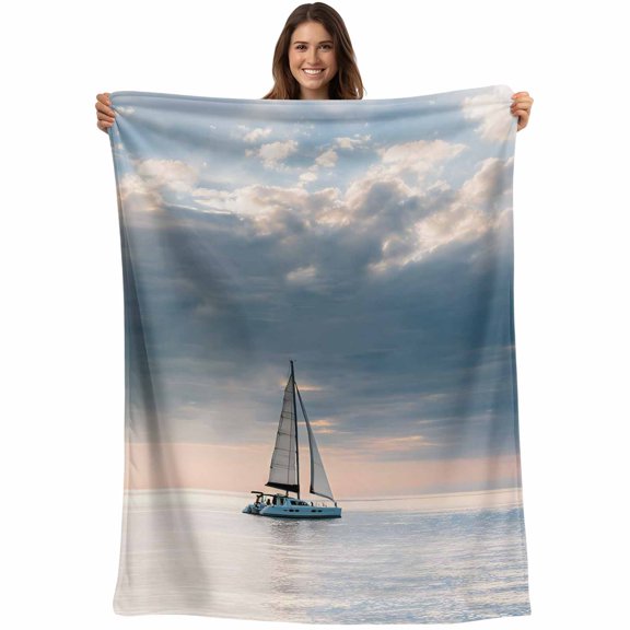 Coastal Nautical Blanket Soft Cozy Warm Throw Blanket for Couch, Plush Fuzzy Flannel Fleece Blankets for Sofa, Summer Sailing Boat OCean Waves Bed Blankets Lightweight Gifts for Women, 30"x40"
