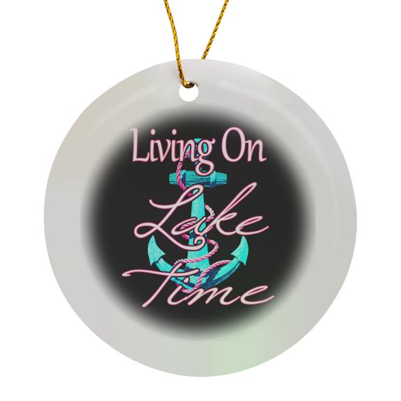 3drose, Coastal Nautical Blue and Pink Living on Lake Time Ship Anchor., Circle Porcelain Ornament