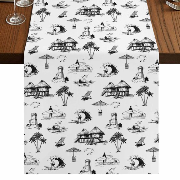 Coastal Nautical Burlap Cotton Table Runner 13x36 Inches Short, Summer Ocean Beach Coconut Trees Grey Farmhouse Table Runners, Outdoor Dining Tablecloths Decor for Baby Shower/Party/Wedding