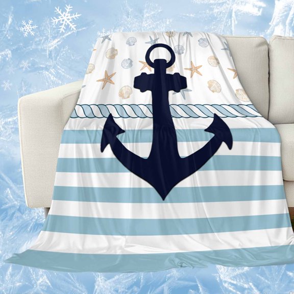 Coastal Nautical Cooling Blanket, Lightweight Breathable Summer Throw Blanket with Double Sided Cold Effect,Blue Striped Starfish Shell Beach Picnic Beach Blankets Bed Sheet for Hot Sleepers 30"x40"