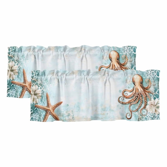 Coastal Nautical Curtain Valances for Windows, Kitchen Valance Window Treatments Panel 2 Pack, Octopus Beach Starfish Sea Rod Pocket Short Curtains for Bathroom Bedroom 54 x 18 Inch