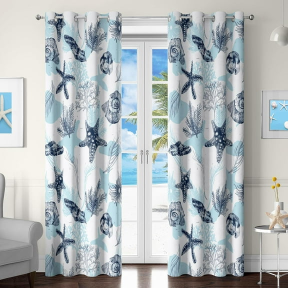 Coastal Nautical Curtains Blue And White Beach Sea Starfish Seashell Light Blocking Curtains Ocean Theme Coral Print Window Drapes Decor For Living Room Bedroom Nursery 42"W x 84"L (Pack of 2)