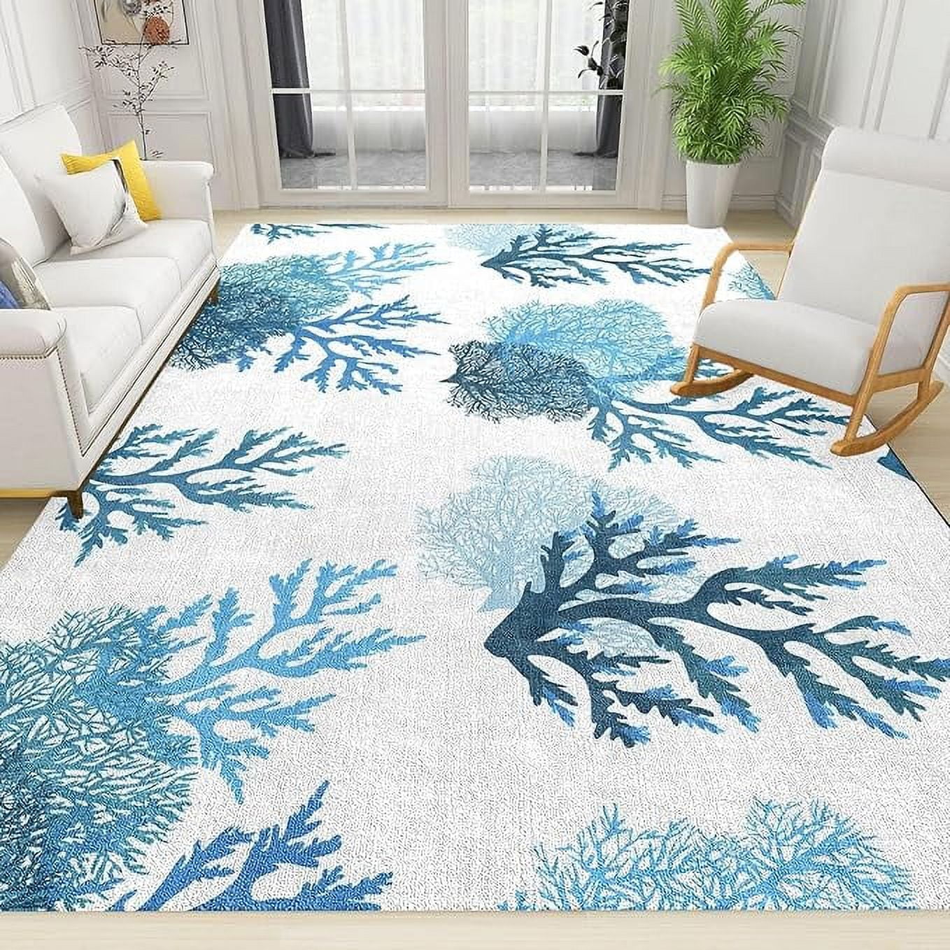 Coastal Nautical Cyan Blue Coral Small Area Rugs Entryway Mats, Ocean ...