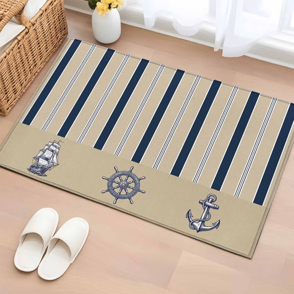 Coastal Nautical Entryway Rug 2'x3'&nbsp; Non Slip Front Door Mats, Brown Navy Stripes Ocean Rudder Anchor Entrance Rugs Indoor Outdoor Carpet, Washable Floor Mats Small Area Rug for Bedroom Kitchen