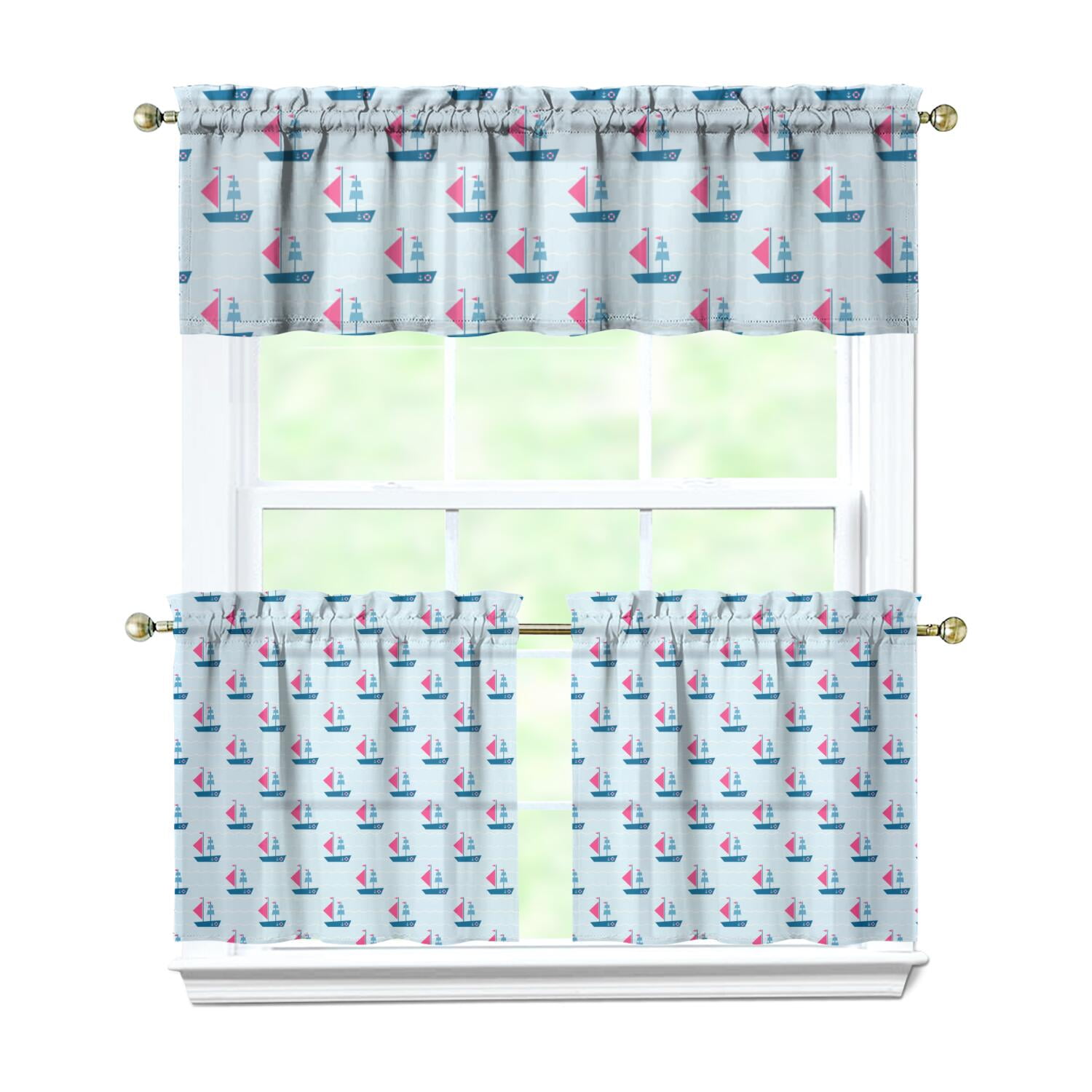 Coastal Nautical Kitchen Curtains Set Lighthouse and Anchor Boat Ocean ...