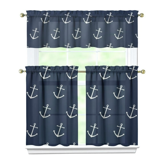 Coastal Nautical Kitchen Curtains Set of 3 - Sailor Maritime Design with Waves & Anchor, Rod Pocket Short Curtains for Small Windows