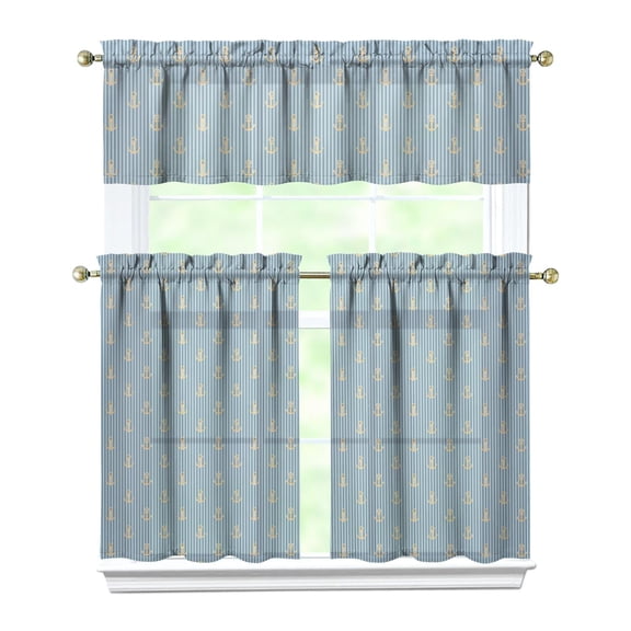 Coastal Nautical Kitchen Curtains Set of 3 - Sailor Maritime Design with Waves & Anchor, Rod Pocket Short Curtains for Small Windows