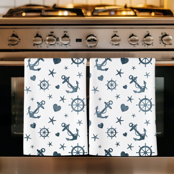 Coastal Nautical Kitchen Towels Set of 1, Ocean Modern Blue Anchor Love Heart Absorbent Dish Towels for Kitchen, Microfiber Hand Towel, Quick Drying Tea Towel for Cleaning Decorative Dishcloths