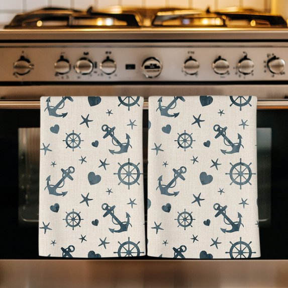 Coastal Nautical Kitchen Towels Set of 4, Ocean Vintage Blue Anchor Love Heart Absorbent Dish Towels for Kitchen, Microfiber Hand Towel, Quick Drying Tea Towel for Cleaning Decorative Dishcloths