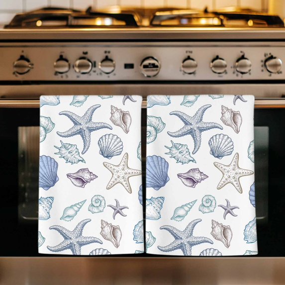 Coastal Nautical Kitchen Towels Set of 4, Watercolor Beach Shell Starfish Conch Summer Absorbent Dish Towels for Kitchen, Microfiber Hand Towel, Quick Drying Tea Towel for Cleaning Dishcloths