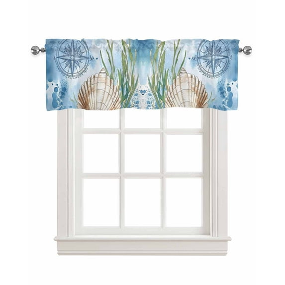 Coastal Nautical Kitchen Valances for Windows Farmhouse Linen Window Valance Curtain for Living Room Window Treatment Summer Ocean Shell Seaweed Valance Rod Pocket Topper Drape, 60 x 18 Inch