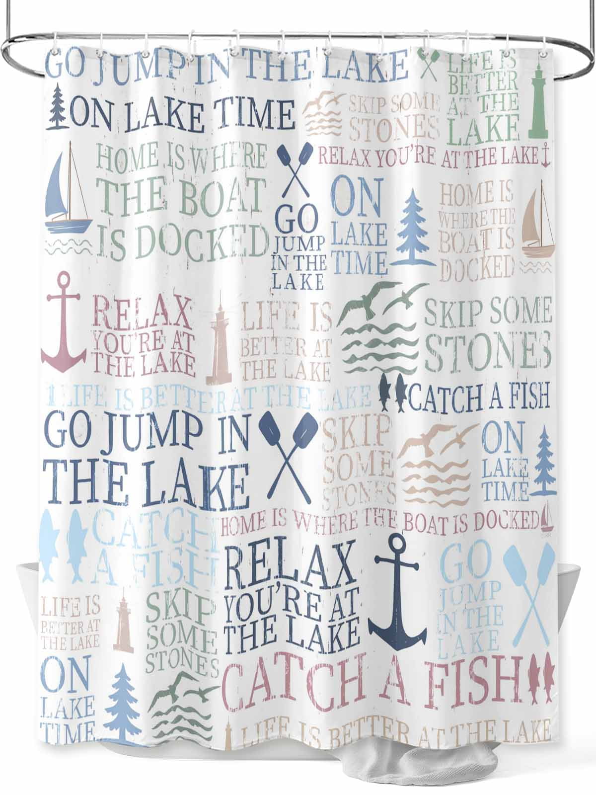 Coastal Nautical Lake Life Shower Curtain, White Bathroom Decor Curtains Set with Hooks, Waterproof Fabric Home Accessories， 72 X 78 Inch Long