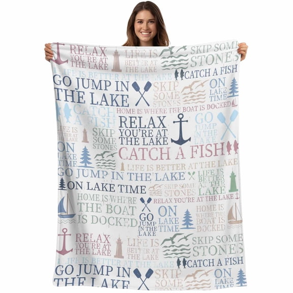 Coastal Nautical Lake Life Throw Blankets, White Soft Fleece Blanket Decorative for Home Sofa Couch Chair Living Bedroom, 30x40 Inches,