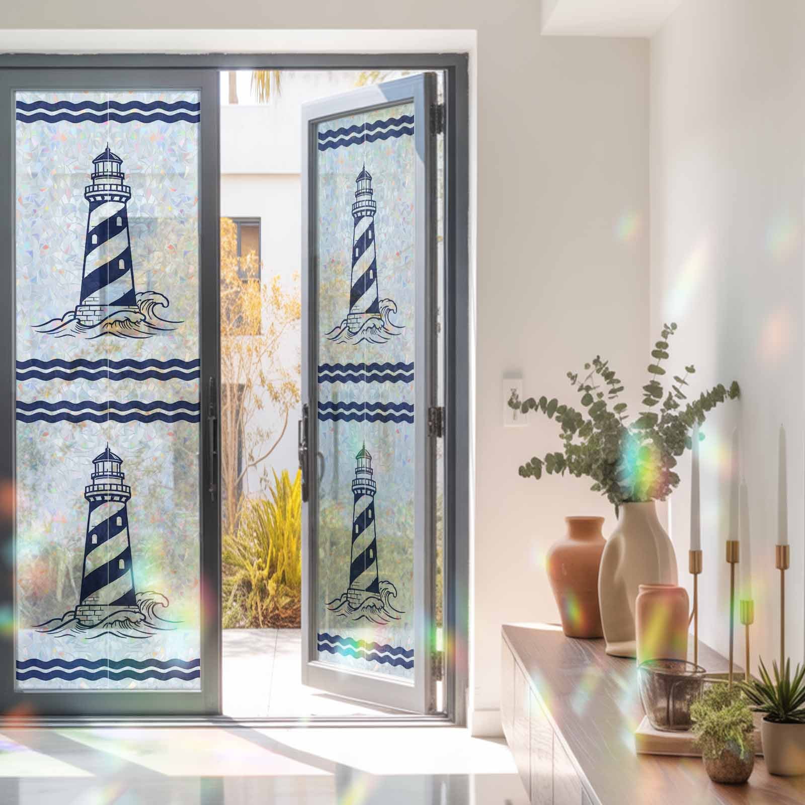 Coastal Nautical Lighthouse Sea Wave Window Privacy Film, Rainbow Film ...