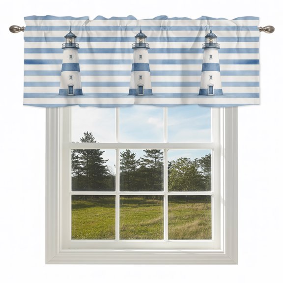 Coastal Nautical Lighthouse Valances for Windows Summer Ocean Blue Line Rod Pocket Curtain Valance Window Treatment Short Curtains for Kitchen Living Room,42x12in