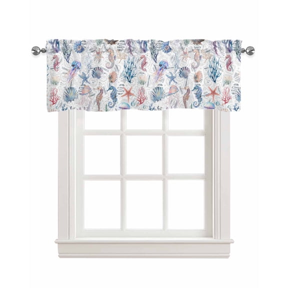 Coastal Nautical Linen Curtain Valance for Bedroom/Bathroom/Kitchen/Living/Dining Room Window,Jellyfish Starfish Coral Conch Multicolor Pocket Topper Drapes Decorative Cafe Drapery Panel 42"x18"