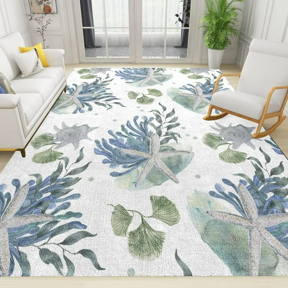 Coastal Nautical Marine Animals Area Rug, Beach Theme Seaweed Starfish Pattern Floor Carpet, Indoor Non-Slip Kids Rugs For Room Sofa Living Room Mat Bedroom Home Decor Floor Mats 5' x 7'