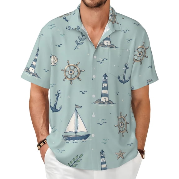 Coastal Nautical Men's Shirts Short-Sleeved with All-Over Prints Button-Up Shirts