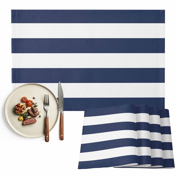 Coastal Nautical Minimalist Striped Placemats Set of 4, Navy Blue White Table Mats Washable Heat-Resistant Non-Slip Place Mats for Kitchen Dinner Table Indoor Outdoor Decor,13x19 Inch