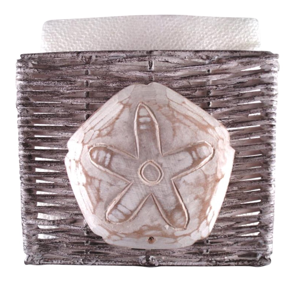 Hand-Carved Wood and Wicker Coastal Sand Dollar Napkin Holder