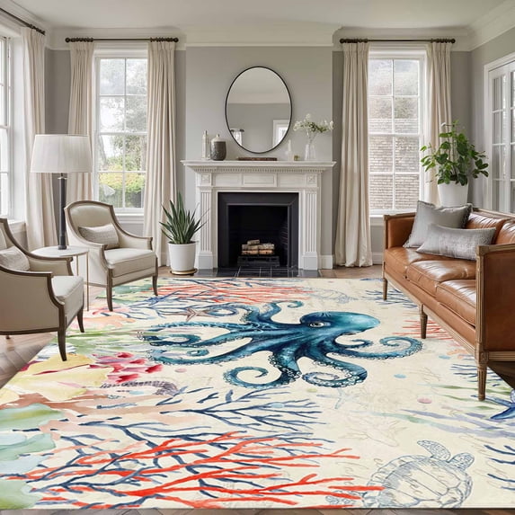 Coastal Nautical Octopus Area Rugs 5'x8', Washable Small Throw Rugs for Classroom Bedroom, Oceans Corals Jellyfish Starfish Indoor Outdoor Rug Non-Slip Low Pile Carpet Runner Reversible Floor Mats