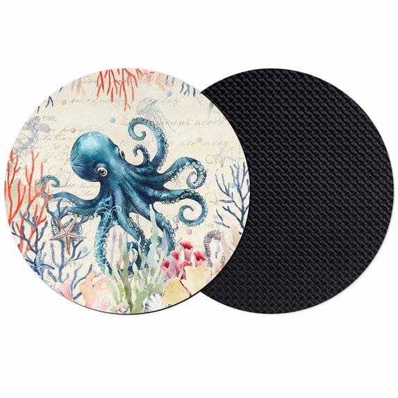 Coastal Nautical Octopus Coasters Set of 2, Absorbent Coasters for Drinks, Oceans Corals Jellyfish Starfish Coaster for Desk Coffee Table Protection, Home Decor House Warming Gifts 4"