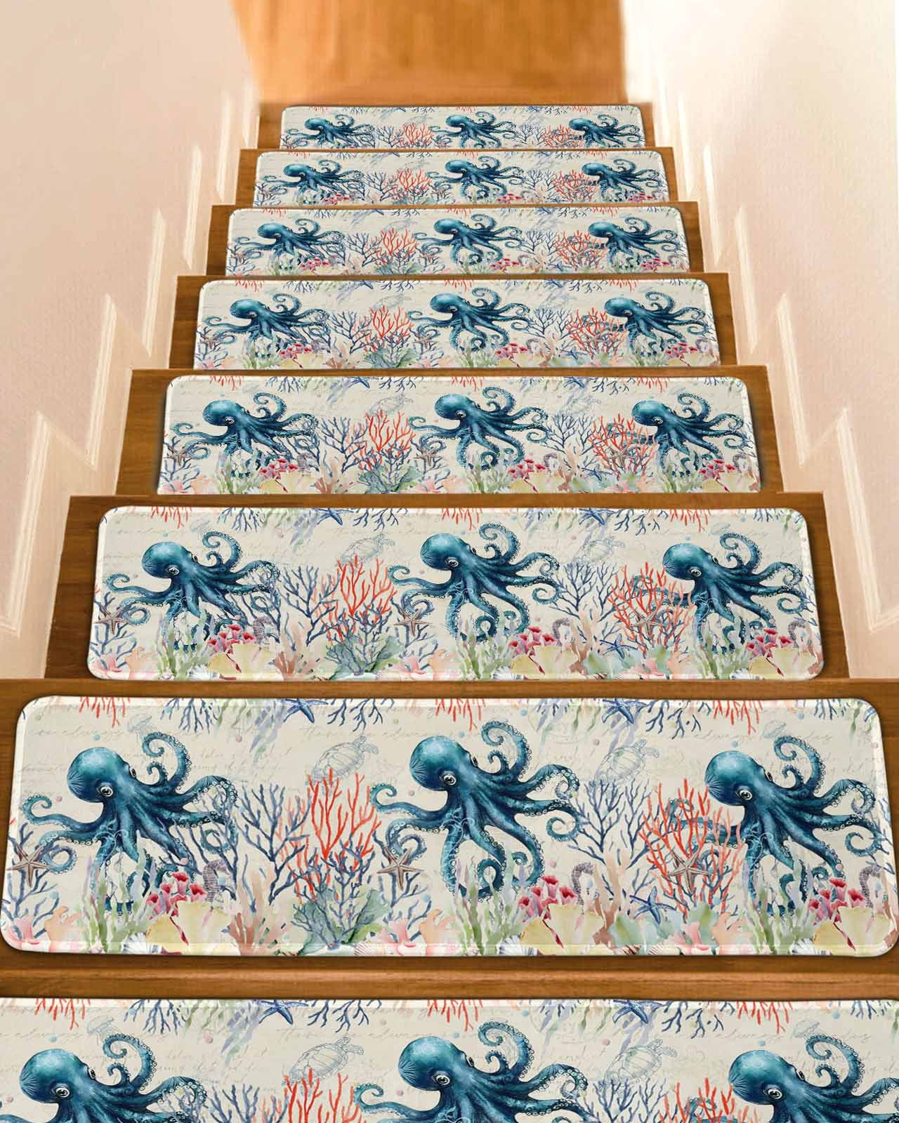 Coastal Nautical Octopus Stair Treads for Wooden Steps Indoor Runner ...