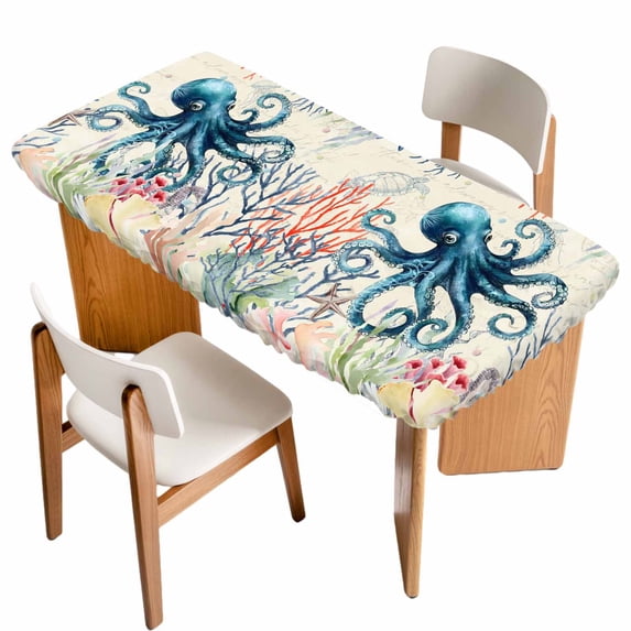 Coastal Nautical Octopus Table Cloths for 6 Foot Rectangle Tables, Oceans Corals Jellyfish Starfish Patio Waterproof Elastic Fitted Tablecloths, Washable Rectangular Table Cover for Camping