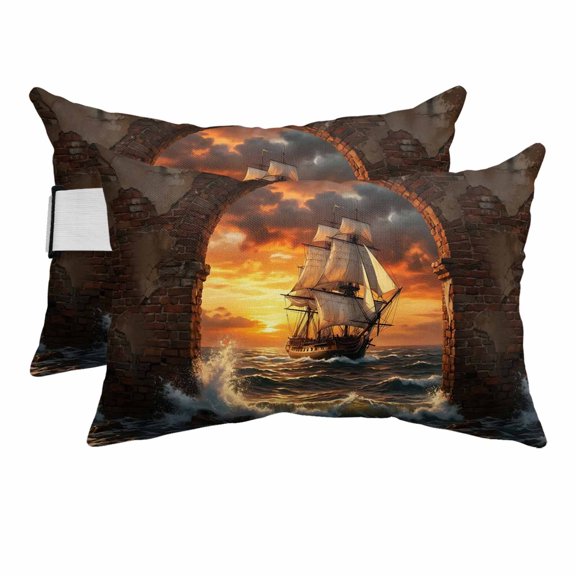 Coastal Nautical Outdoor Pillows for Chaise Lounge Chair Beach Headrest Pillow Set of 2 Waterproof Lumbar Pillows with Insert&Adjustable Strap Summer Beach Sunset Ship Sail Ocean Pool Pillow 11"x16"
