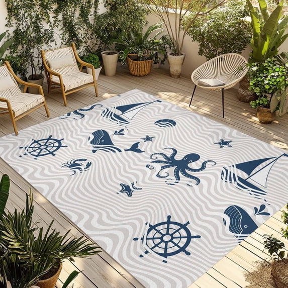 Coastal Nautical Outdoor Rug 3x5 Ft - Reversible Patio Rug Outdoor Camping Rugs, Summer Ocean Octopus Starfish Grey Wave Indoor Outdoor Area Rugs, Non-Slip Outdoor Carpet Runner for Deck/Porch