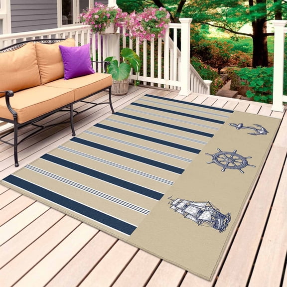 Coastal Nautical Outdoor Rug 4x6 Ft, Non Slip Washable Area Rug, Brown Navy Stripes Ocean Rudder Anchor Patio Rugs Carpet Runner, Large Floor Mat for Indoor/Outdoor Deck Porch Camping