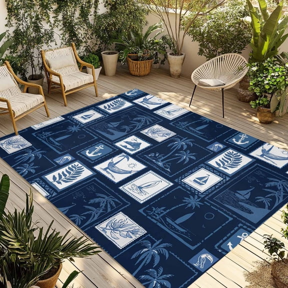 Coastal Nautical Outdoor Rug for Patio/Deck/Porch, Non-Slip Large Area Rug 3 x 5 Ft, Summer Ocean Sea Navy Blue Plaid Checkered Indoor Outdoor Rugs Washable Area Rugs, Camping Rug Carpet Runner