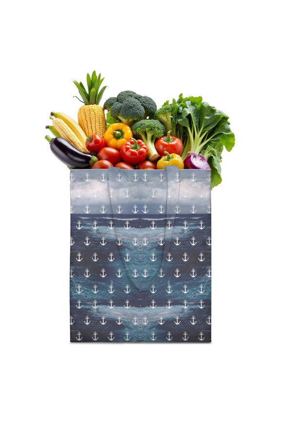 Coastal Nautical Pattern Reusable Grocery Bag - Large Capacity Foldable Tote, Durable & Sustainable for Daily Use